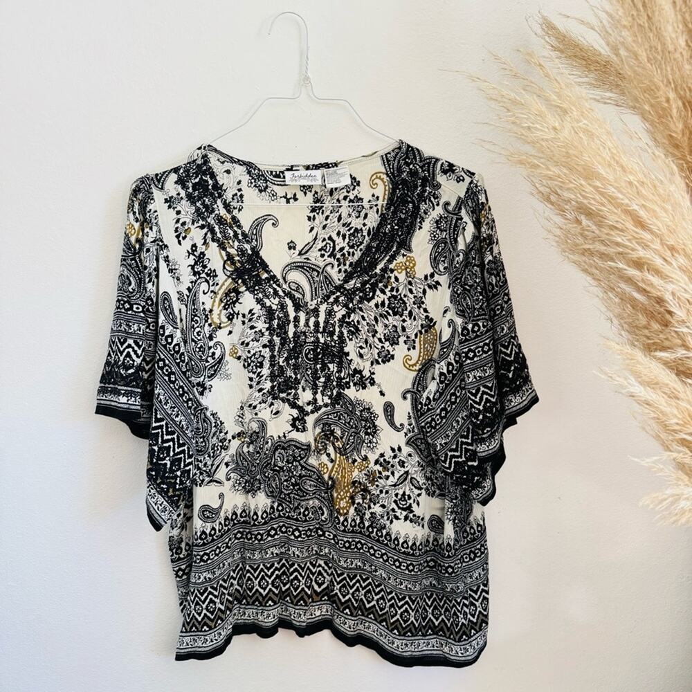 VINTAGE FORBIDDEN Black White Beige Paisley Print Boho Poncho Blouse Shirt Top L - Picture 2 of 13